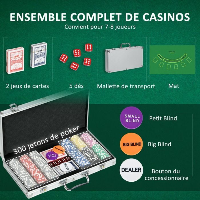 Set da Poker - Kit da Poker Completo - SPORTNOW - 300 Chip, 5 Dadi, 2 Mazzi di Carte, Tappetino in Feltro - Alluminio - Grigio