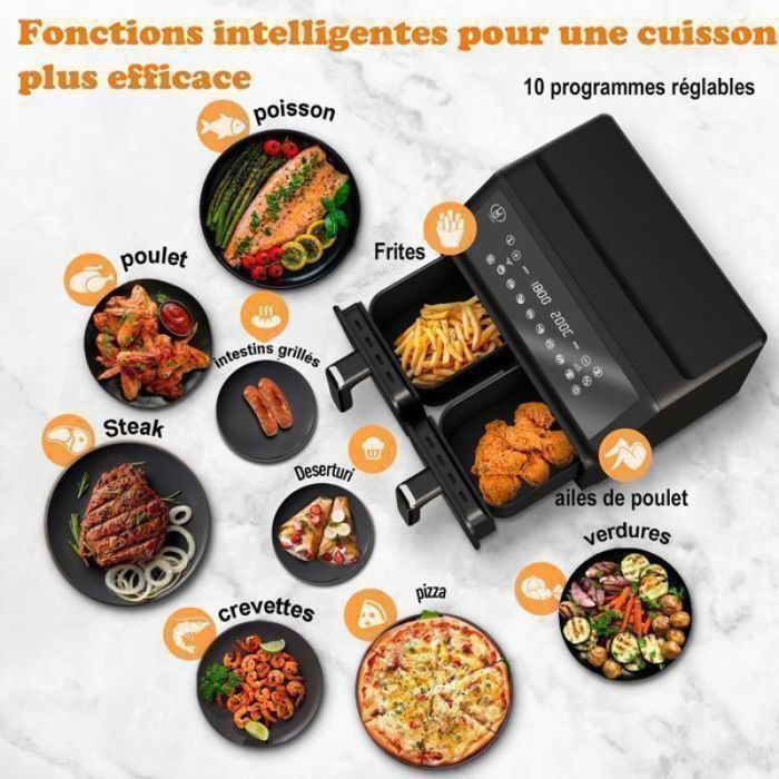 8L 2200W Dual Zone Air Fryer, Black Design, 10 Programs, Lighting, Healthy and Crispy Cooking, Electric Fryer