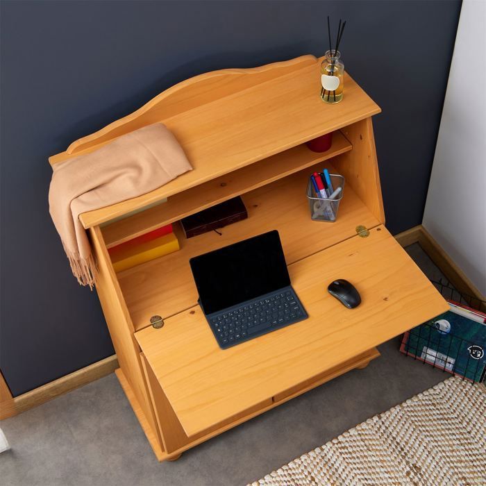 Escritorio secretaria DAVID con almacenamiento frontal abatible, múltiples estantes, 2 puertas, encimera plegable, fabricado en pino macizo teñido y encerado.