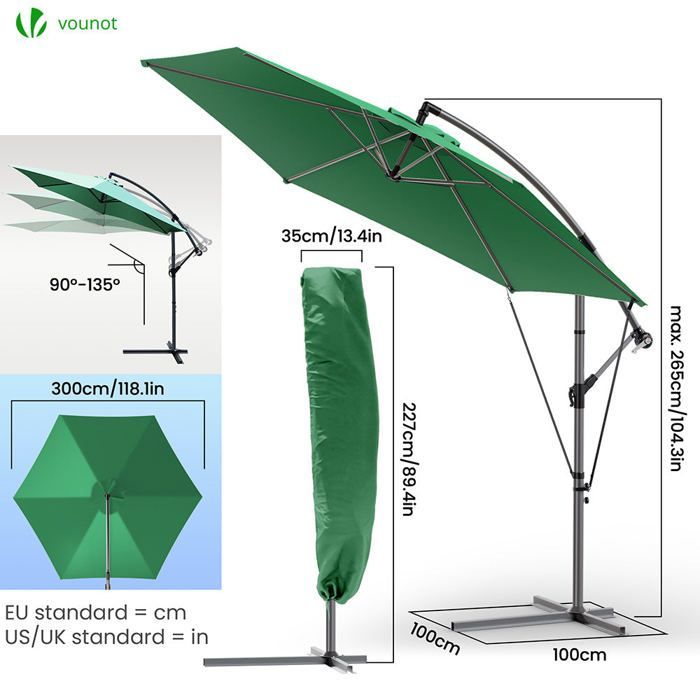 VOUNOT® Parasol déporté inclinable avec sangle de fixation 3M Vert - Rotatif 360° - Inclinaison réglable - Housse de protection