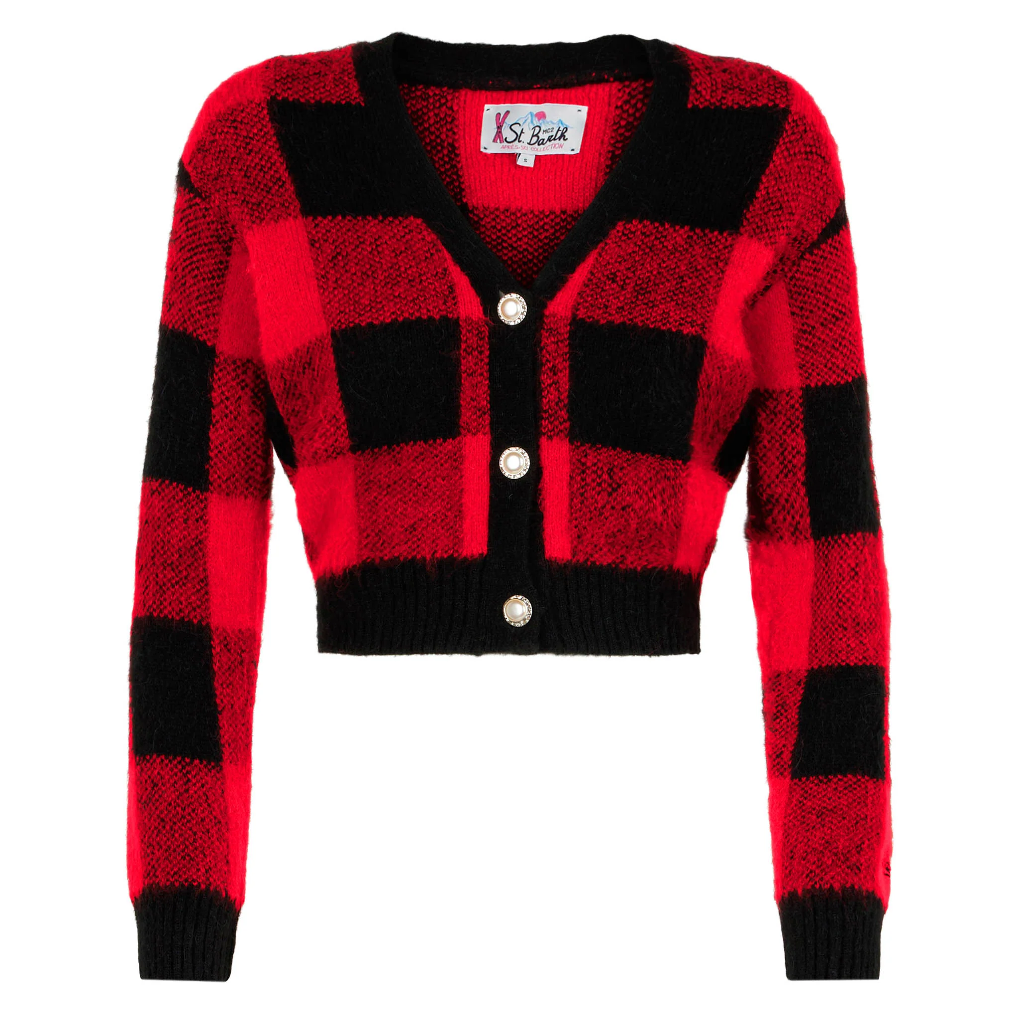 Kort damesvestje met sierknopen en tartanprint.