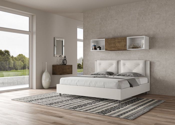 Cama king size con almacenamiento - Ityhome - Appia - Piel sintética blanca - 200x210 cm - Cabecero tapizado