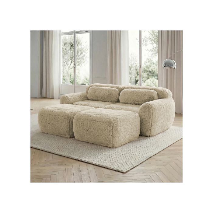 Canapé 2 Places avec 2 Poufs, Tissu Velours Kaki Clair, Modulable et Sans Armature, Mousse 32D, Ensemble Convertible pour Salon