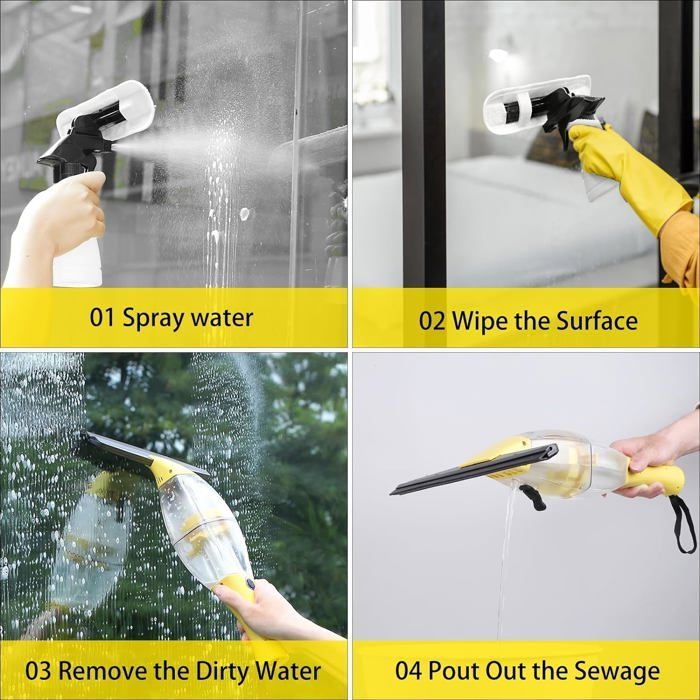 Aspirateur de vitres électrique sans fil, nettoyeur de vitres avec manche télescopique, buse d'aspiration de 28 cm