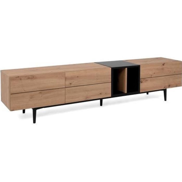 TV-meubel met 3 neerklapbare deuren - Eikenhout en zwarte afwerking - B 195 x D 37 x H 48 cm - NOLA