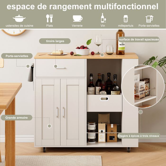 Carrito de cocina con ruedas - 102x46x92 cm - 2 puertas - 1 cajón - Blanco