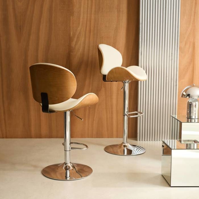Lot de 2 tabourets de bar réglable décor bois courbé et simili cuir chêne. blanc et pieds chromés - L 53  P 51 x H 95-116cm -