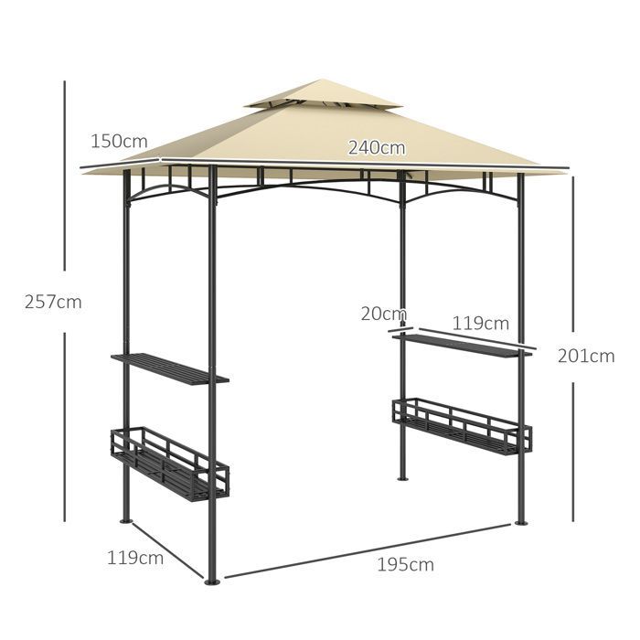Gazebo per barbecue, pensilina da giardino per reception, gancio a soffitto, mensole e cestini, 240 x 150 x 257 cm, beige