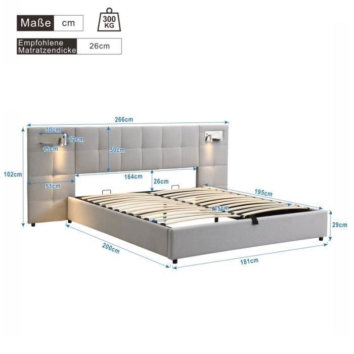 Cama doble - LANGTU - Cama tapizada - 180x200 cm - Puerto USB y carga inalámbrica - Almacenamiento hidráulico