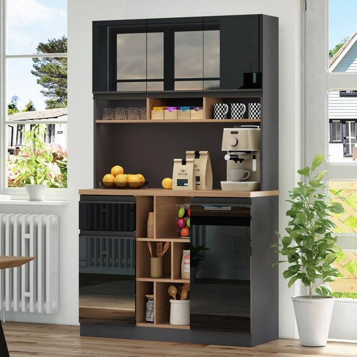 Buffet de Cuisine Haut Armoire Meuble de Rangement Vaisselier avec Tiroir Étagères Ajustables Bar à Café Noir 105×45×185 cm