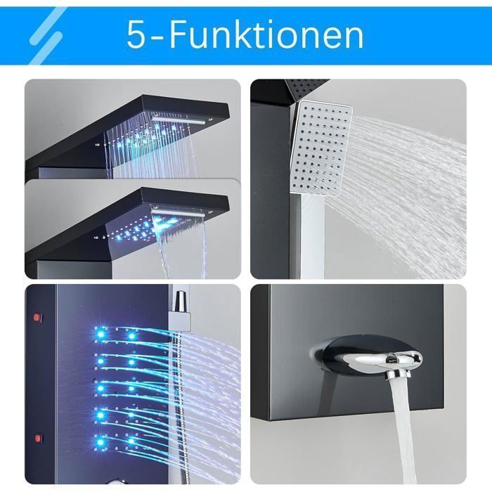 Black LED Hydromassage Shower Column, 4 Functions: LED Rain Shower, 2 Massage Jets