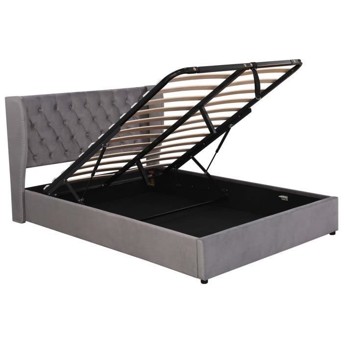 Cama de adulto de 140x190 cm - base de láminas con espacio de almacenamiento - tela de terciopelo gris - cabecero con alas