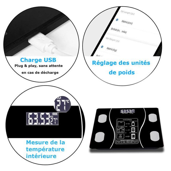 Bilancia per la composizione corporea, bilancia intelligente Bluetooth, ricarica USB con 19 punti dati corporei per iOS/Android