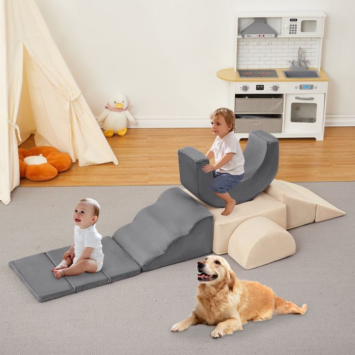 7 bloques de construcción/escalada de espuma para niños, juego de interior suave + tobogán, rampa y escaleras, gris y beige.