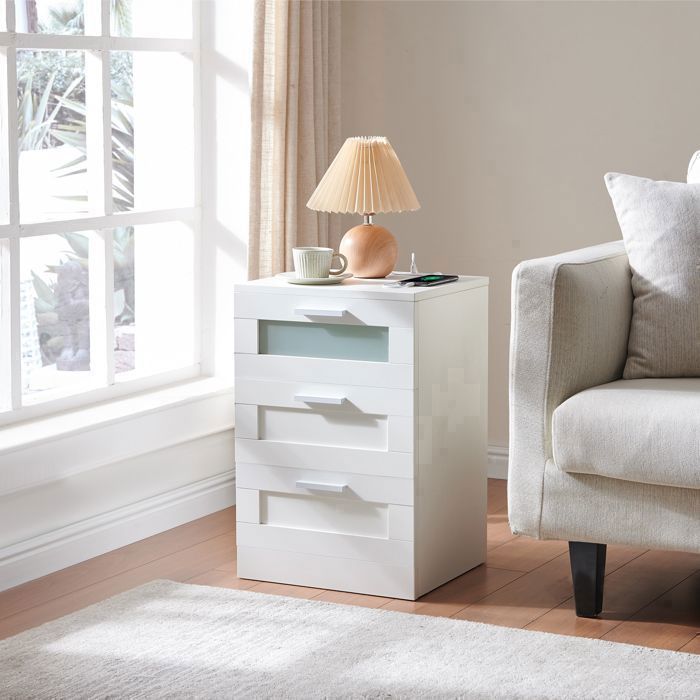 Tables de Chevet avec 3 Tiroirs, Table de Nuit avec Éclairage LED et  Ports USB et Type-C, pour Chambre à Coucher, Salon(1,Blanc)