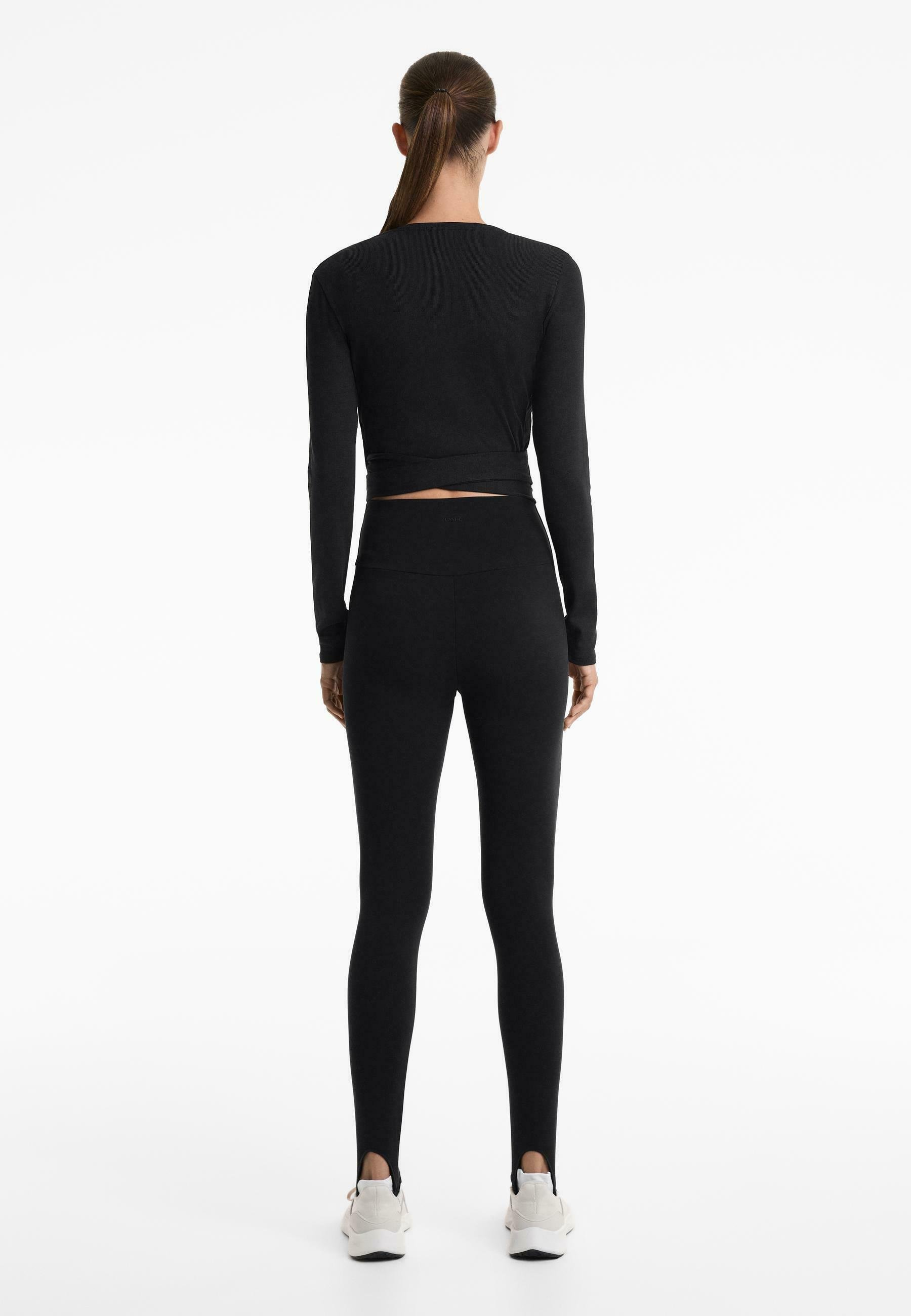 OYSHO RIB COTTON WRAP - Pitkähihainen paita - black