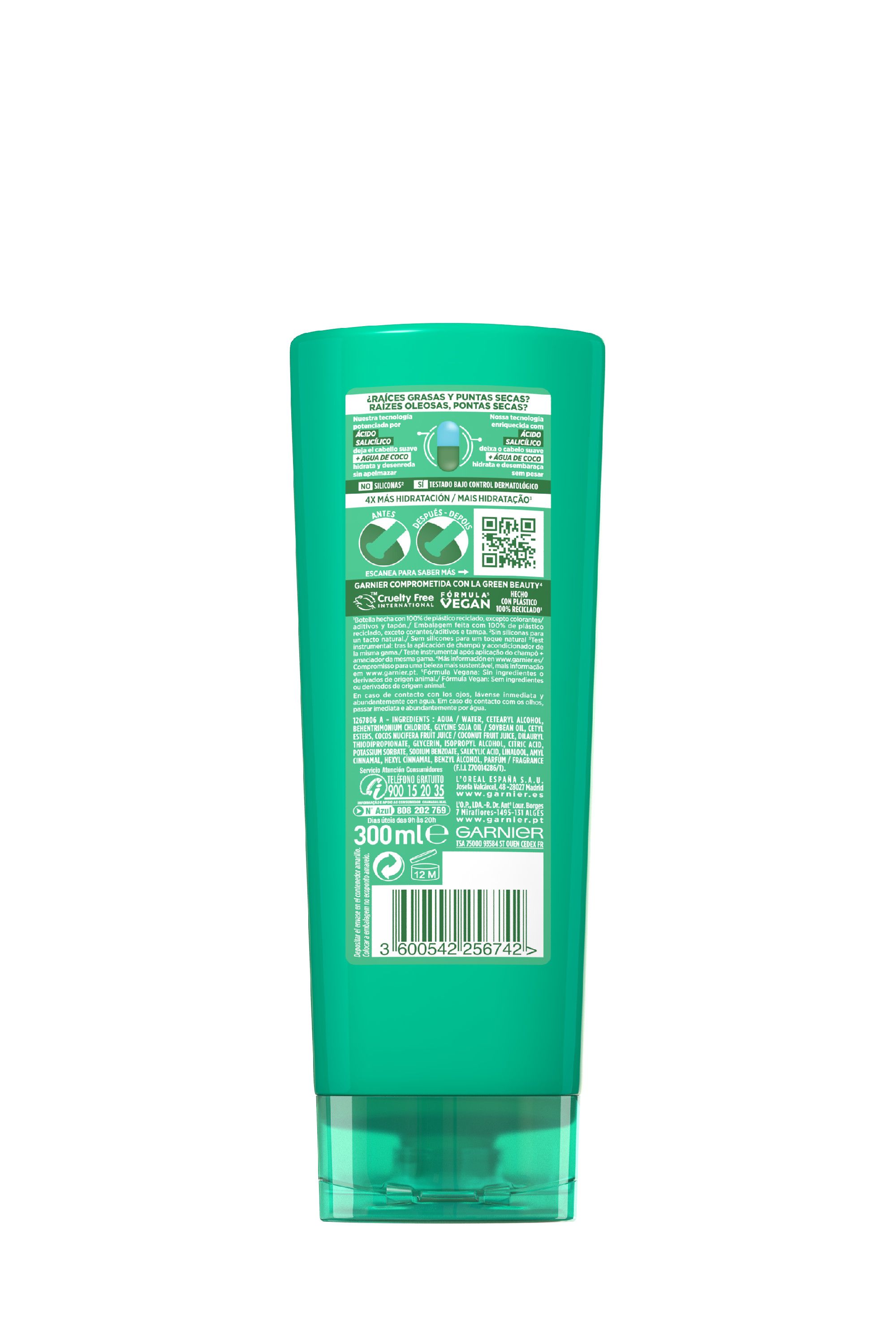 „Fructis Pure Fresh“ kokosų vandens kondicionierius normaliems plaukams, riebaluotiems šaknims ir sausiems galiukams.
