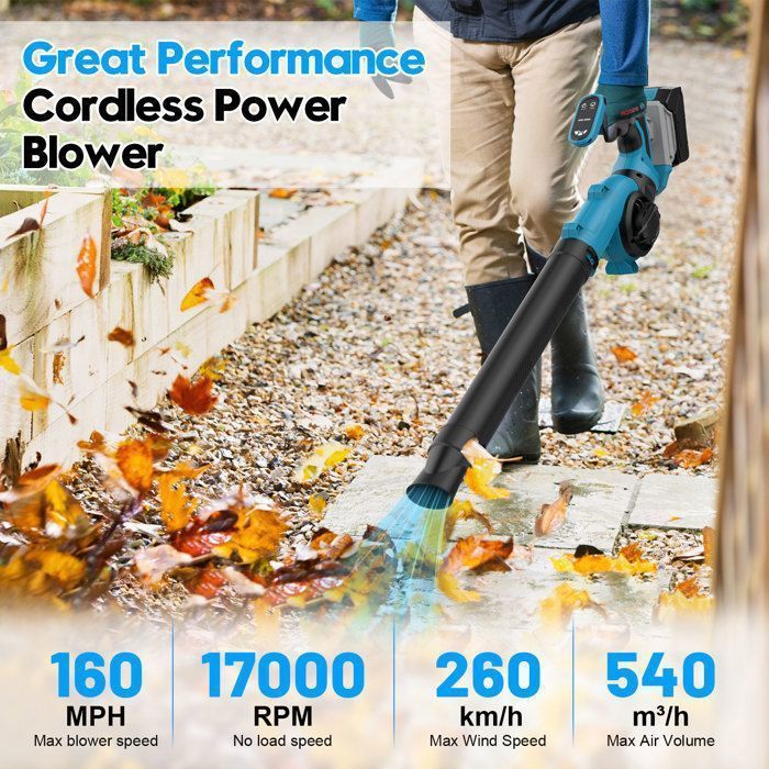 Soplador de hojas inalámbrico TANBABY 260 km/h – 2 baterías de 21 V 3000 mAh, mango de 270°, 4 boquillas, 1,3 kg