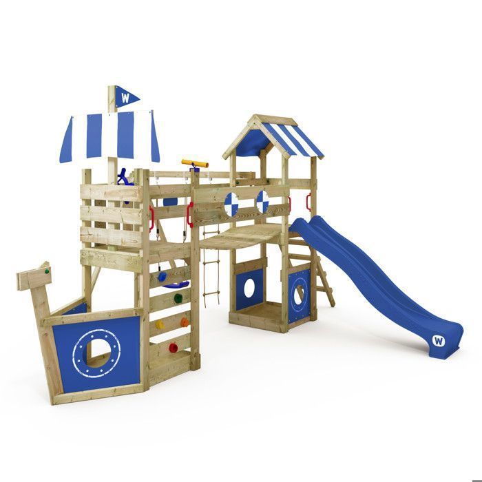 Zona de juegos de madera WICKEY StormFlyer con forma de barco, tobogán azul de 220 cm y rocódromo – 10 años de garantía*