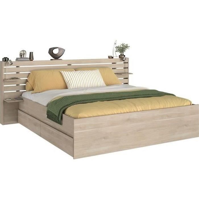 Lit adulte ESCALE 180x200 cm - Décor chêne du Japon - 2 tiroirs + Tête de lit - L235.4 x H98,2 x P216,8 cm - Fabriqué en France