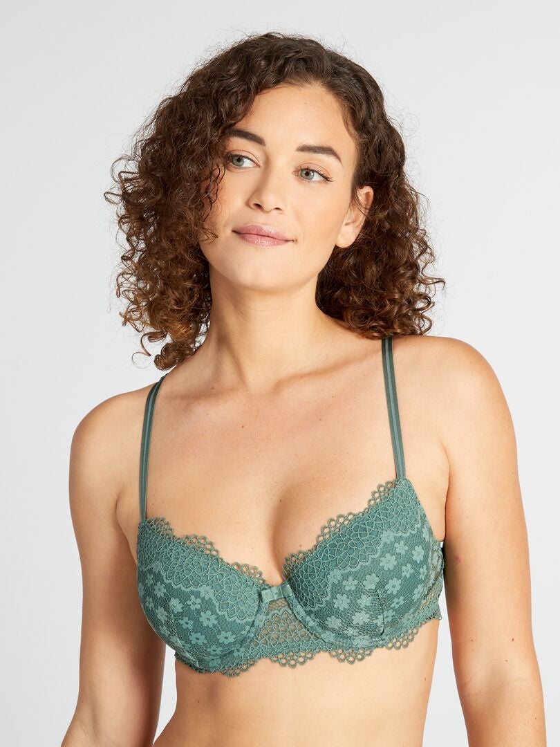 Sutiã de renda volumizador com costas cruzadas - Verde acinzentado
