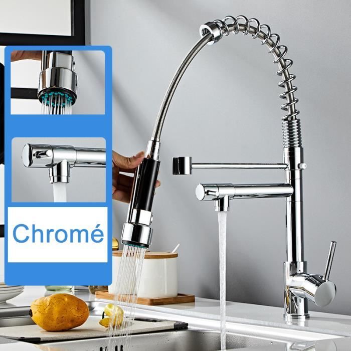 Robinet de Cuisine à Ressort - LEYSHOP - Mitigeur, Deux Becs, Eau Chaude et Eau Froide - Chromé