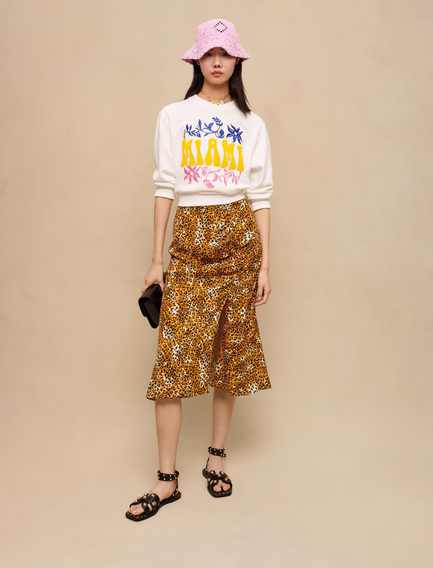 Falda midi con estampado de leopardo-Léopard beige
