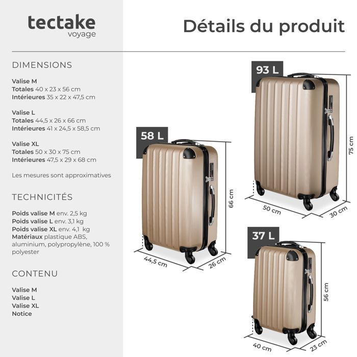 Maleta - TECTAKE - Juego de maletas con ruedas de plástico ABS rígido de 75 x 50 x 30 cm - Champagne