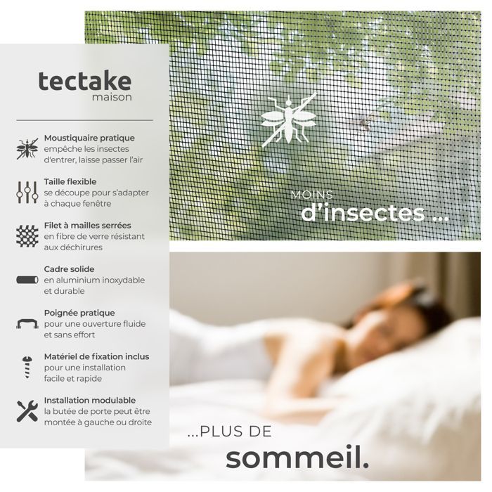 Moustiquaire - TECTAKE - Filet anti-insectes en aluminium ajustable, résistant aux intempéries et perméable - 95 x 210 cm
