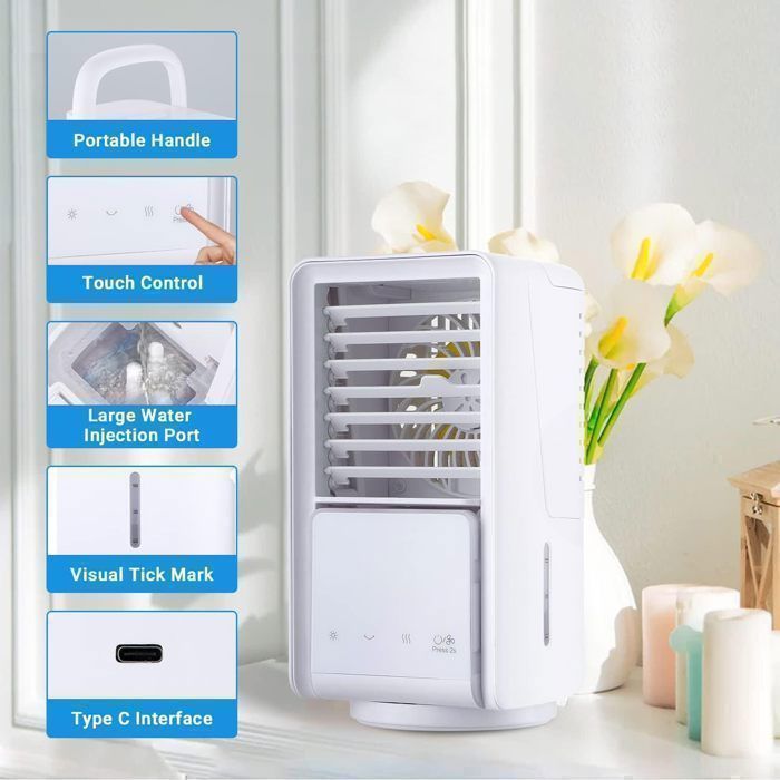 Ventilateur Climatiseur Silencieux Portable Climatiseur Mini Refroidisseur D'air 4 en 1 Écran tactile Climatiseur 3 Vitesses de