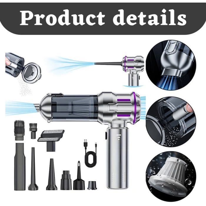 Aspirateur de voiture 3-en-1 puissant 25000 Pa, mini sans fil avec moteur sans balais, 3 niveaux réglables. Performance optimale.