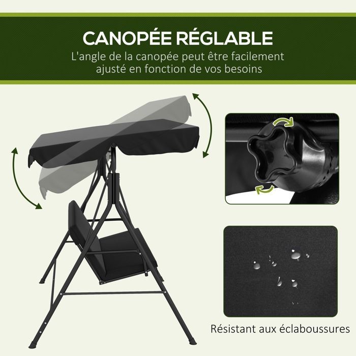 Columpio de jardín Outsunny de 3 plazas con toldo inclinable ajustable, cojines para asiento y respaldo, 1,72 m de largo x 1,1 m de ancho x 1,53 m de alto, acero negro.
