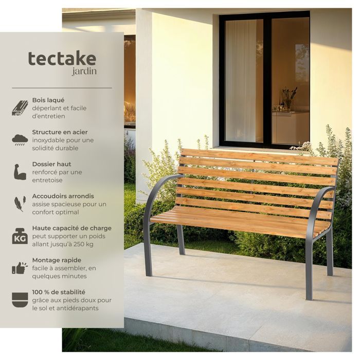 Banc - TECTAKE - Banc de jardin - MICHAELA 2 places, stable, robuste, pin de Chine, en bois et acier, 119,5x62x83cm - Marron