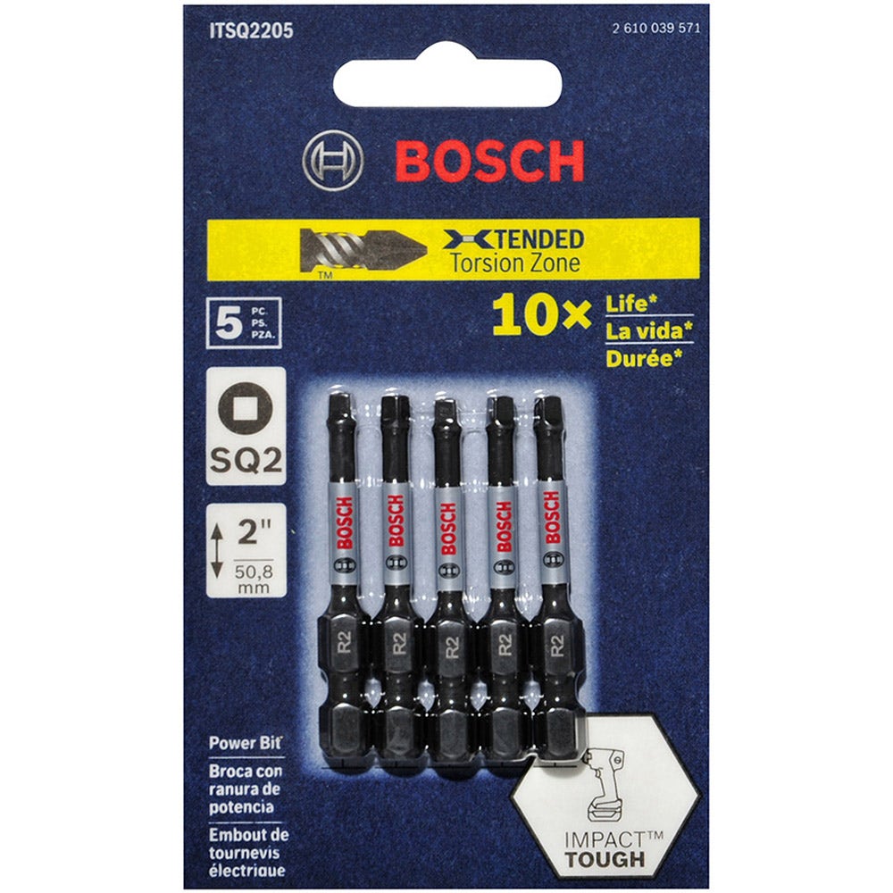 Pontas de chave de impacto BOSCH R2 x 50 mm Robertson/Quadrada – RESISTENTES A IMPACTOS – 5 peças.
