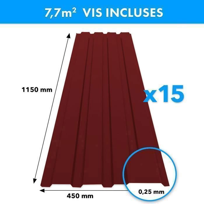 15 láminas metálicas trapezoidales con tornillos, 0,25 mm de espesor, 115 x 45 cm, rojas