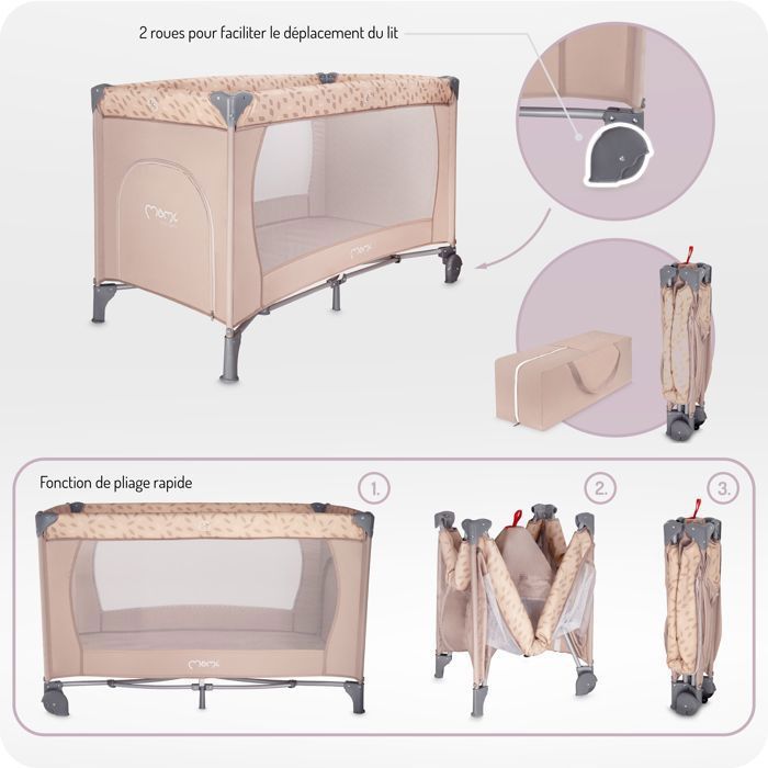 MoMi BELOVE – Cuna de viaje plegable para bebé – Colchón + Bolsa de transporte – Acceso lateral – 2 ruedas – Beige