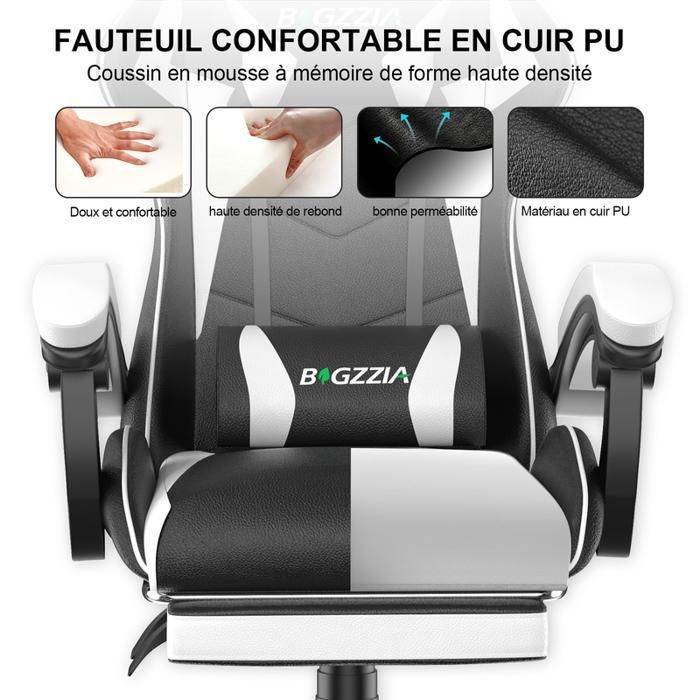 Sedia da ufficio gaming con poggiapiedi ergonomico, girevole a 90°, cuscino lombare e poggiatesta, regolabile in altezza.