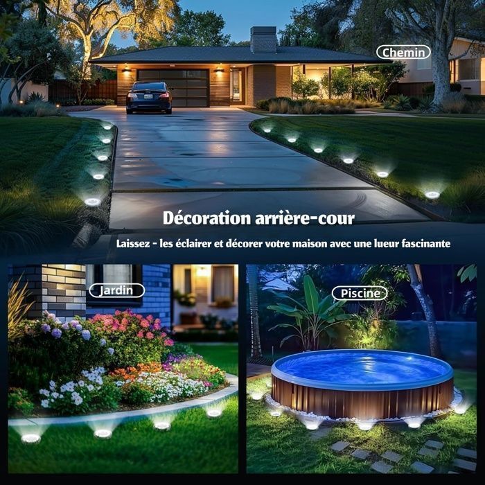 Juego de 8 luces solares para exteriores, 8 luces solares LED impermeables para jardín, focos solares empotrables para piscina, color blanco.