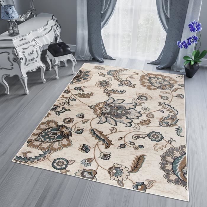 TAPISO Dubai Tapis Salon Chambre Contemporain Floral Crème Marron Bleu Fin 120 x 170 cm