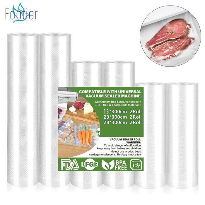 rollos de sellado al vacío con relieve para máquinas de sellado al vacío de 15/20/28 cm x 3 metros. Rollo de película para bolsas de seguridad sin BPA con etiqueta.