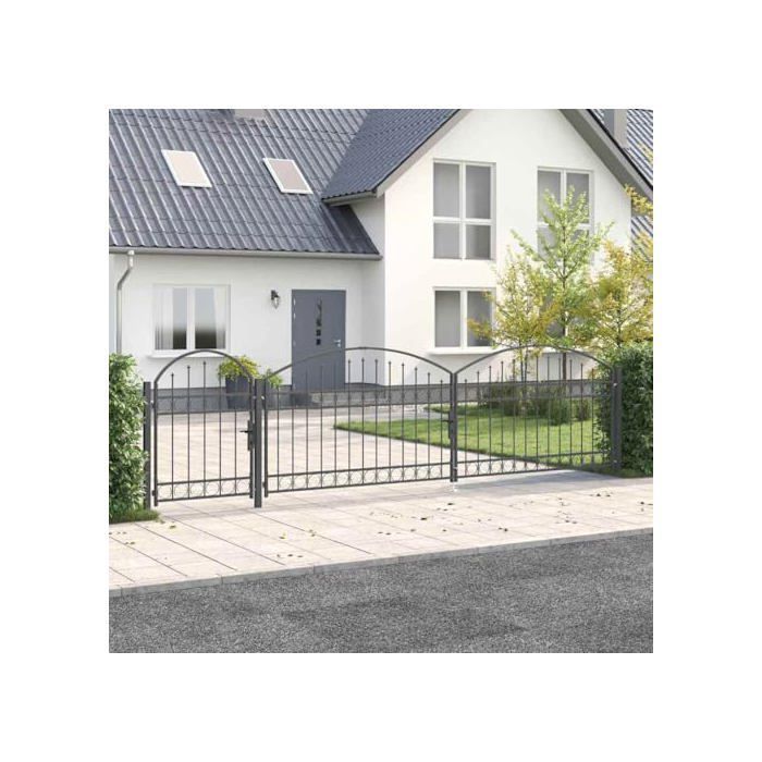 Puerta de jardín de acero - vidaXL - Parte superior arqueada - Gris - 500x125 cm - Con cerradura - 3 postes incluidos