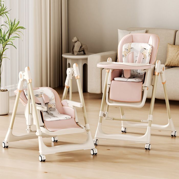 Cadeira alta conversível 4 em 1 para bebês, com 3 posições de reclinação, 5 posições de altura, rodas e função de balanço, ideal para bebês a partir de 3 meses.