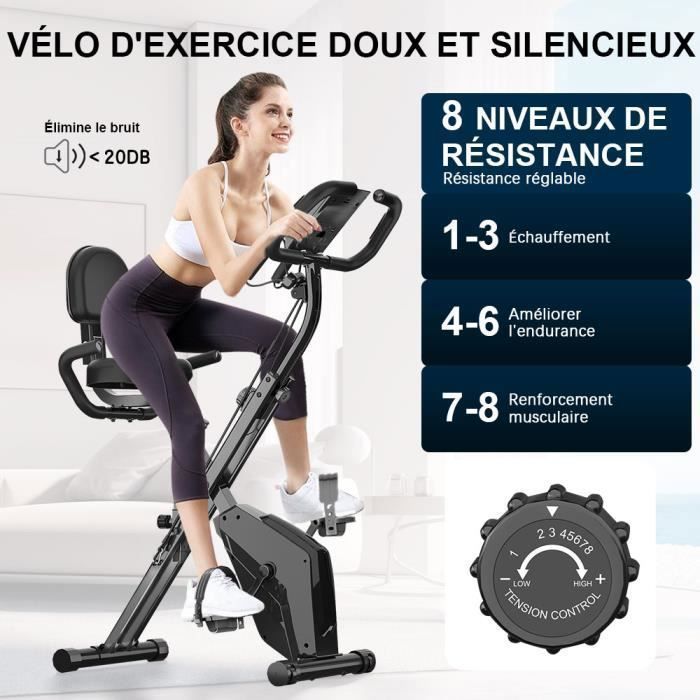 3 en 1 Vélo d'appartement Pliable - 8 Niveaux de Résistance Réglables - Volant d'Inertie 2,5KG - Écran LCD - Siège Réglable