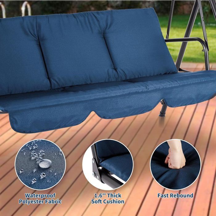 HOLA - Columpio de jardín independiente para 3 personas con toldo impermeable ajustable para jardín y patio - Carga máxima 210 kg - AZUL