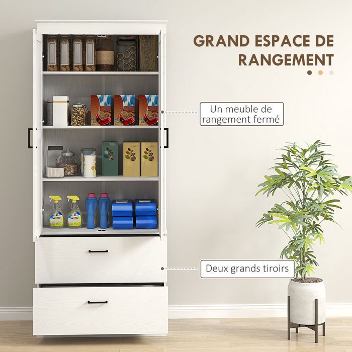 Armoire de cuisine HOMCOM buffet cuisine vaisselier meuble de rangement moderne avec placard 2 tiroirs et étagères réglables, crème