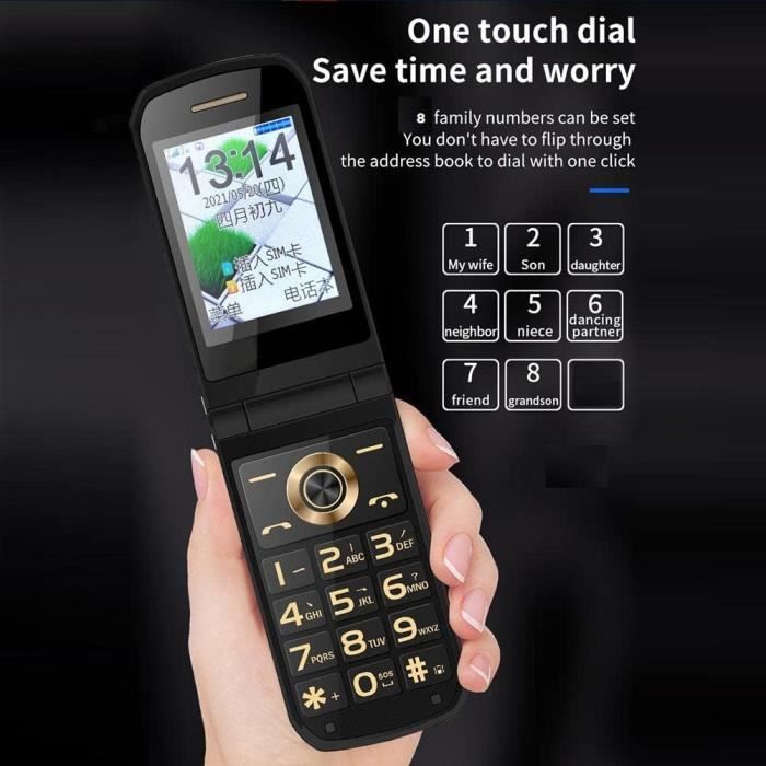 Ontgrendelde mobiele telefoon voor senioren, klaptelefoon met grote knoppen, dubbel 2,4 inch scherm, FM-radio, goudkleurig