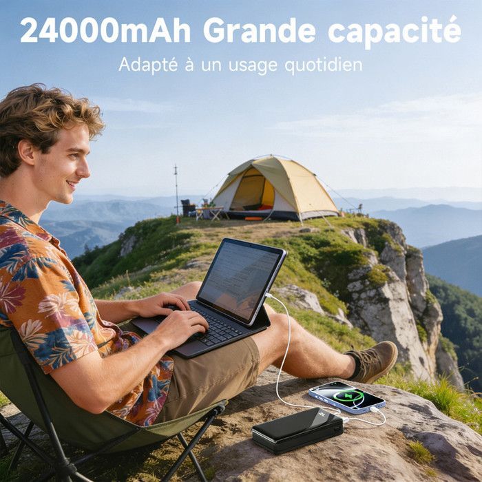 Bateria externa de 24000mAh, com 3 saídas/1 entrada, tela LCD e lanterna LED para smartphones.