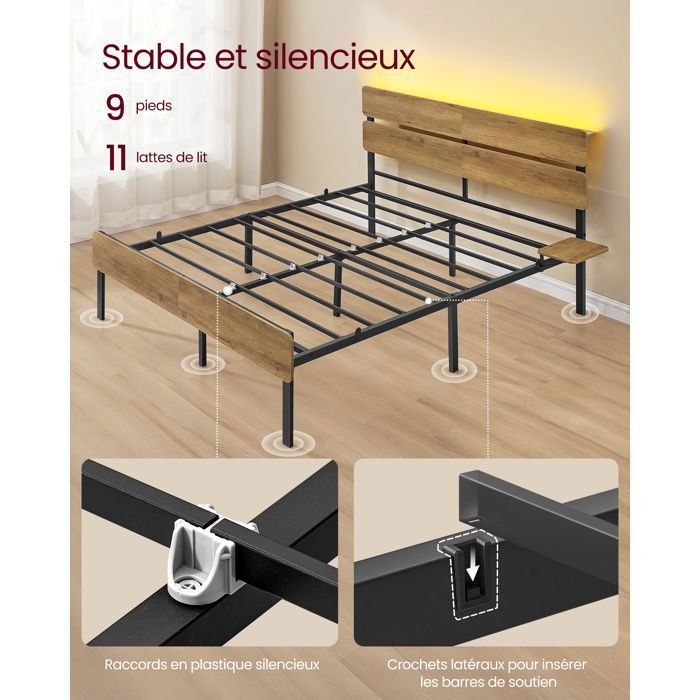 Struttura letto VASAGLE 160x200 - LED - USB - Contenitore - Stile industriale - Marrone naturale