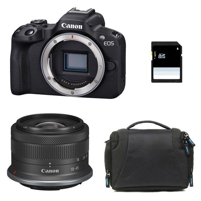 Canon EOS R50 hybrid camera + RF-S 18-45mm f/4.5-6.3 IS STM lens + bag + 8GB SD card