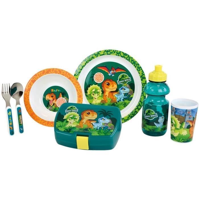 JURASSIC WORLD - Juego de vajilla infantil con taza, tazón, plato, cubiertos, botella de agua y caja para aperitivos.